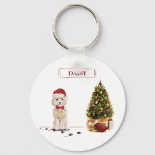 Champagne Cockapoo Funny Christmas Dog with Tree Keychain