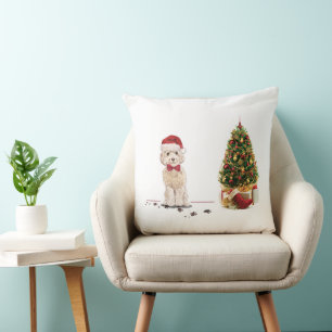 Champagne Cockapoo Funny Christmas Dog with Tree Throw Pillow