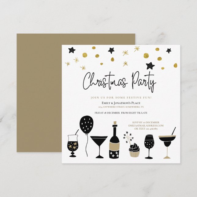 Champagne Cocktail Gold Black Christmas Party Invitation (Front/Back)