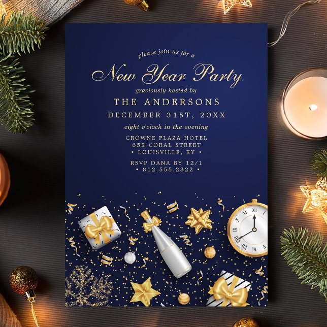 Champagne Confetti Gold Navy Blue New Year Party Invitation (Creator Uploaded)