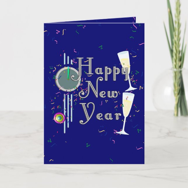 Champagne & Confetti Happy New Year Holiday Card (Front)
