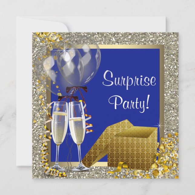 Champagne Confetti Navy Blue Gold Surprise Party Invitation (Front)