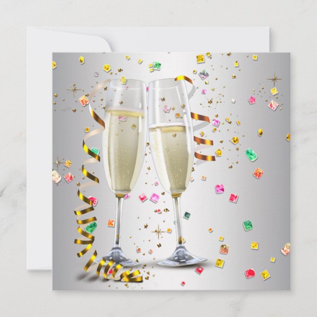 Champagne Confetti New Years Eve Party Invitations (Front)