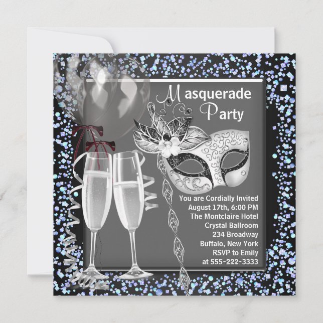 Champagne Confetti Silver Black Masquerade Party Invitation (Front)