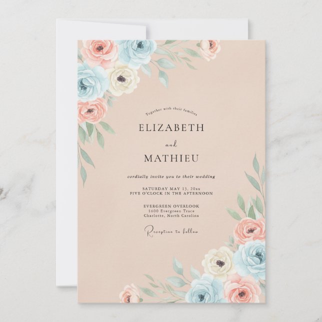 Champagne Coral Blossom Wedding Invitation (Front)