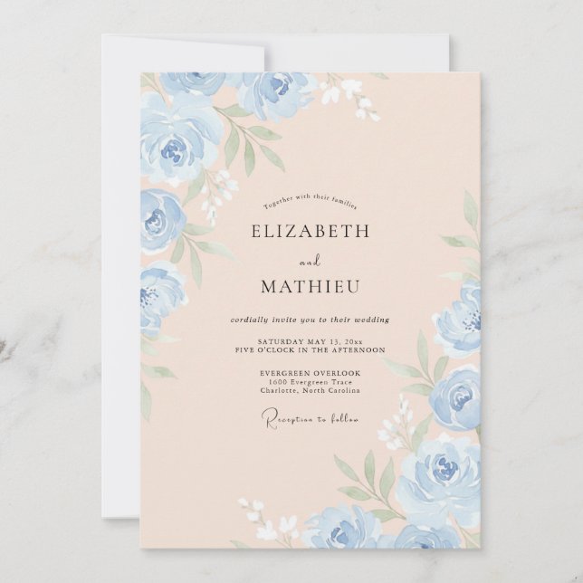 Champagne Cornflower Peony Wedding Invitation (Front)