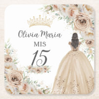 Champagne Cream Beige Floral Princess Quinceañera