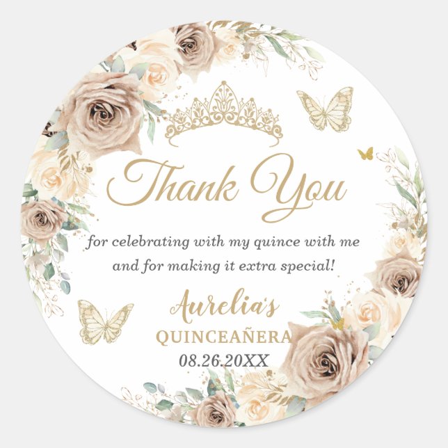 Champagne Cream Beige Floral Quinceañera Sweet 16  Classic Round Sticker (Front)
