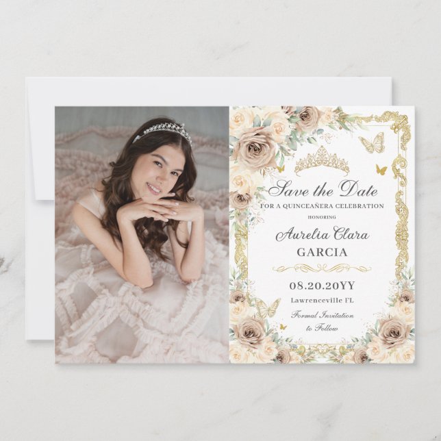 Champagne Cream Floral Sweet 16 QUINCEAÑERA Photo Save The Date (Front)