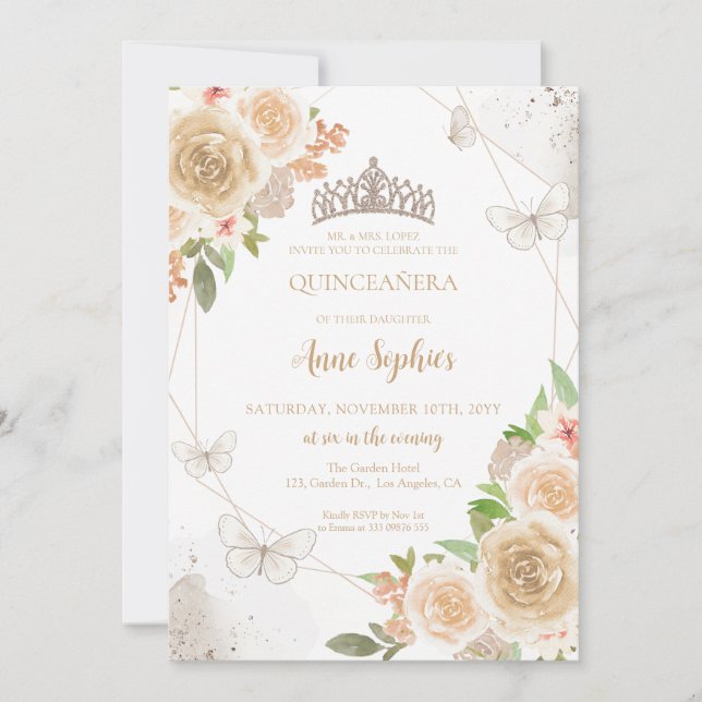 Champagne Creme Quinceañera Butterfly Tiara Invitation (Front)