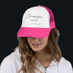 Champagne Crew | Fun Bridal Party for Bridesmaids Trucker Hat<br><div class="desc">Pop the bubbly and celebrate in style with this “Champagne Crew” hat, designed for unforgettable bachelorette weekends and bridal getaways. With elegant black lettering on a white front and a bold pink brim, it’s the perfect accessory for the bride’s fun loving crew. Personalize it with names or event details to...</div>