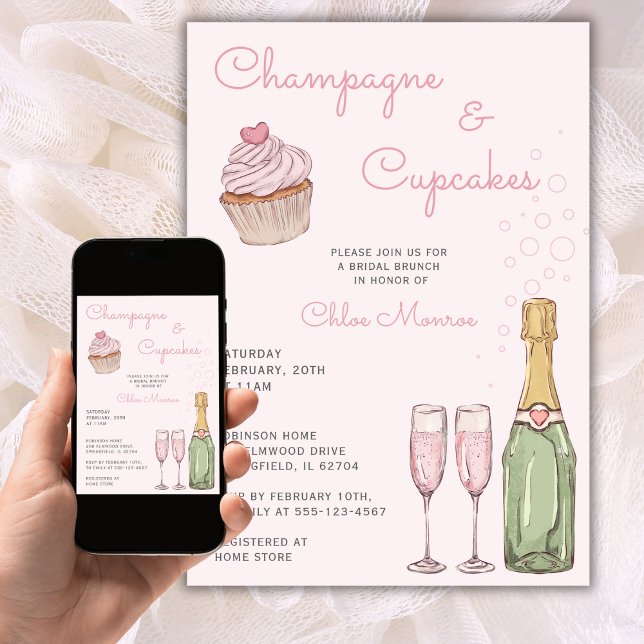 Champagne & Cupcakes Modern Pink Bridal Luncheon Invitation (Creator Uploaded)