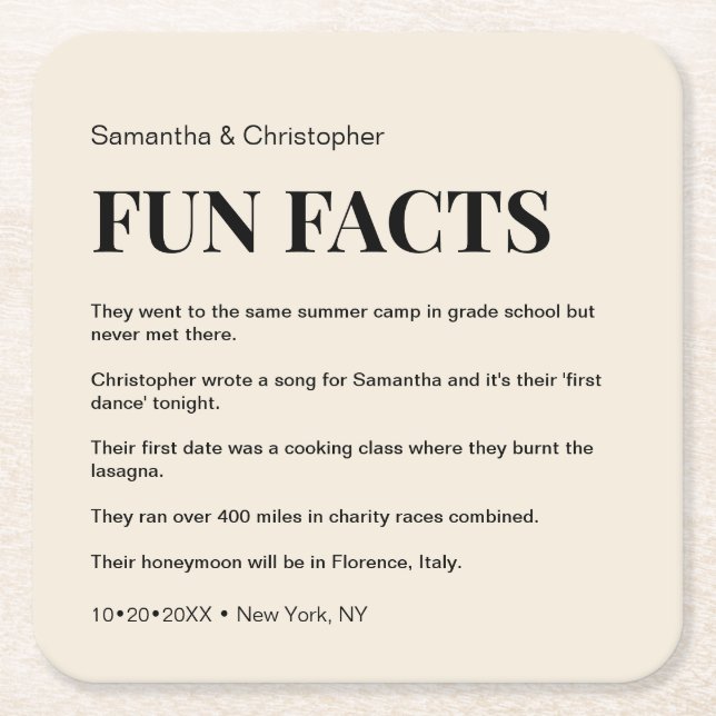Champagne custom fun fact list Wedding Square Paper Coaster (Front)