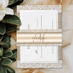 Champagne Damask Glitter Monogram Wedding Invitation Belly Band