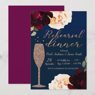 Champagne Dark Blue Floral Rehearsal Dinner Invitation