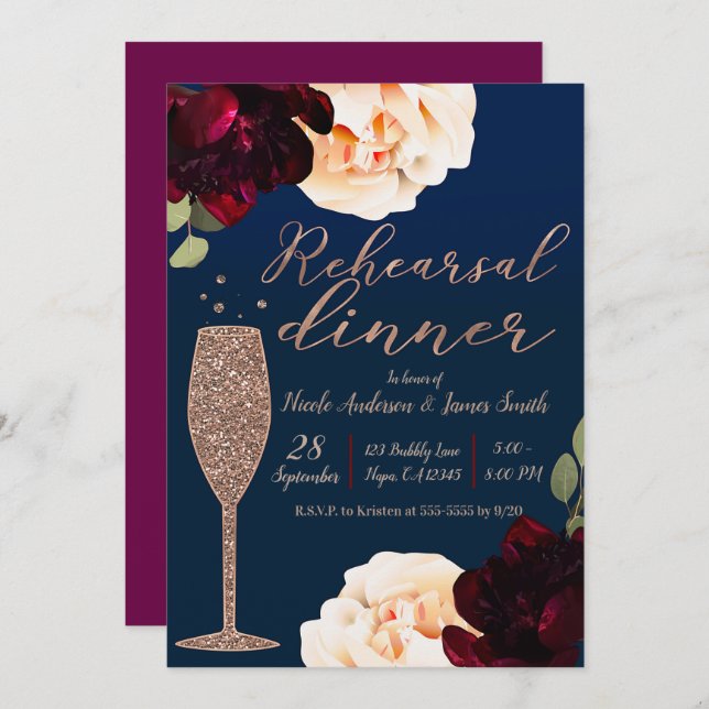 Champagne Dark Blue Floral Rehearsal Dinner Invitation (Front/Back)