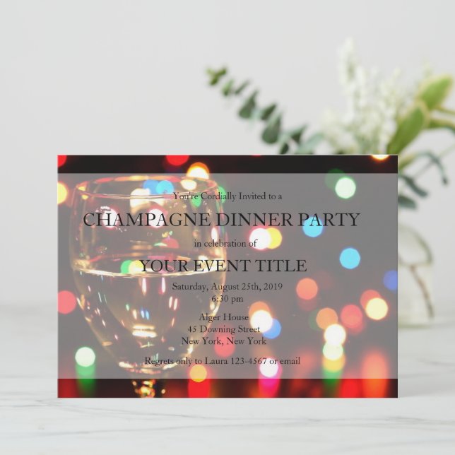 Champagne Dinner Party Bokeh Lights Custom Invites (Standing Front)