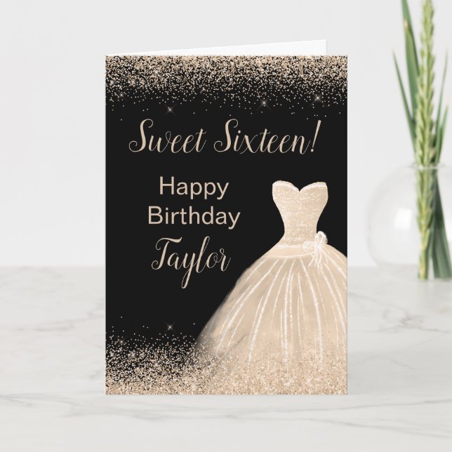 Champagne Dress Faux Glitter Sweet 16 Birthday Card (Front)