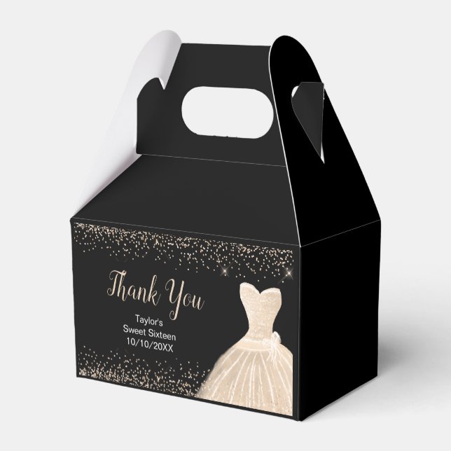 Champagne Dress Faux Glitter Sweet 16 Birthday Favor Box (Back Side)
