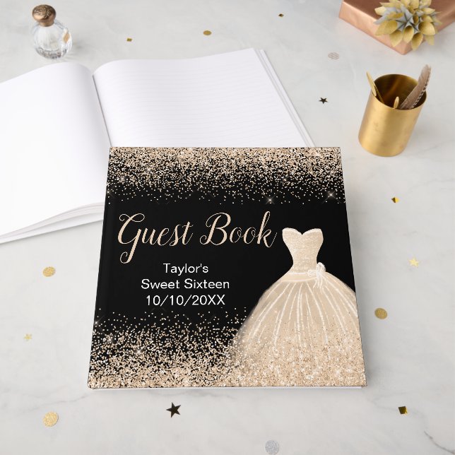 Champagne Dress Faux Glitter Sweet 16 Birthday Guest Book (Front Open)