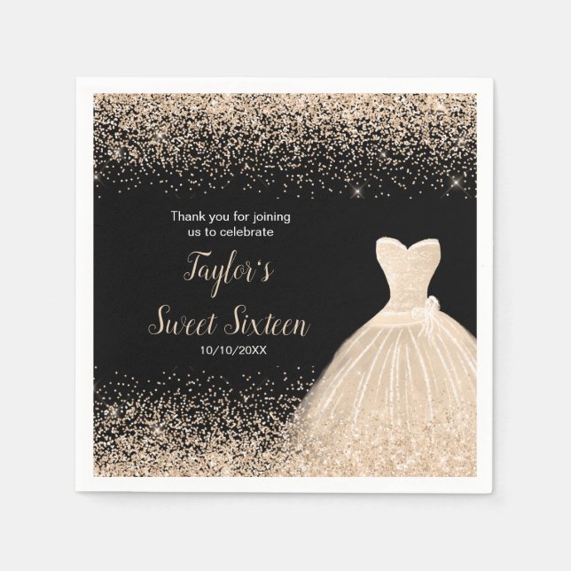 Champagne Dress Faux Glitter Sweet 16 Birthday Napkin (Front)