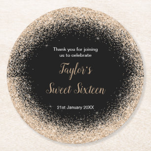 Champagne Dress Faux Glitter Sweet 16 Birthday Round Paper Coaster