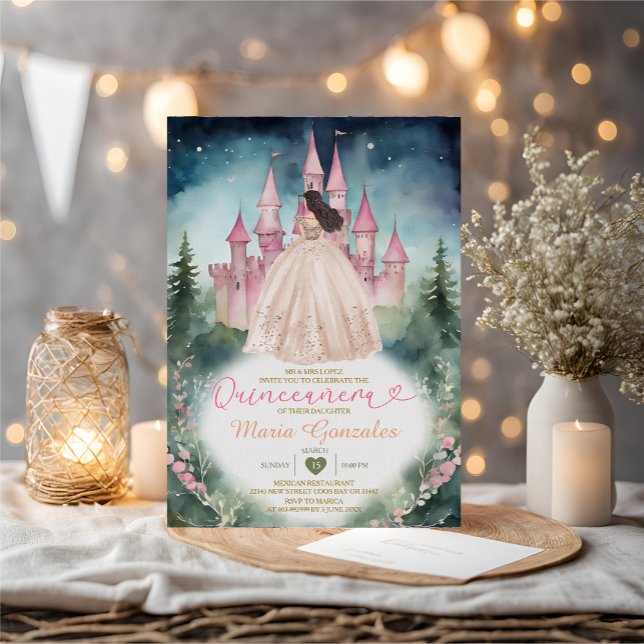 Champagne Dress Forest Pink Castle 15 Quinceañera Invitation (Creator Uploaded)