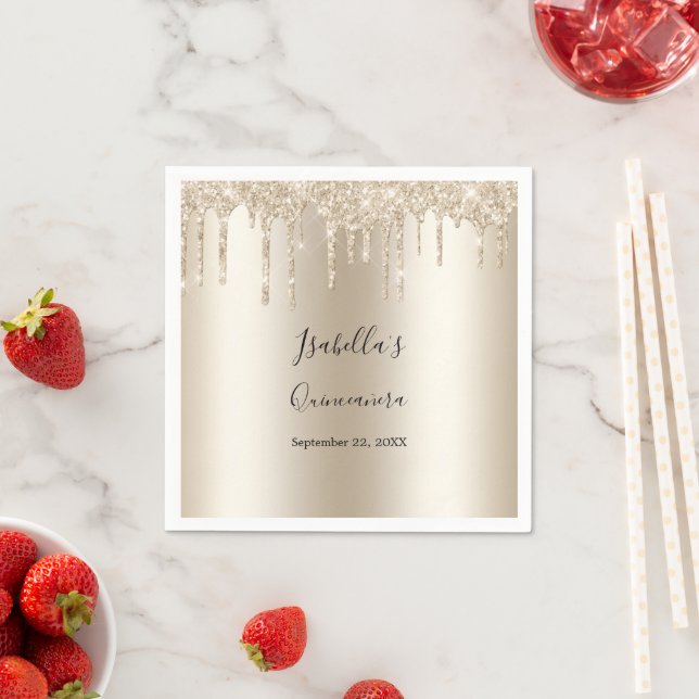Champagne Dripping Glitter Elegant Quinceanera Napkin (Insitu)