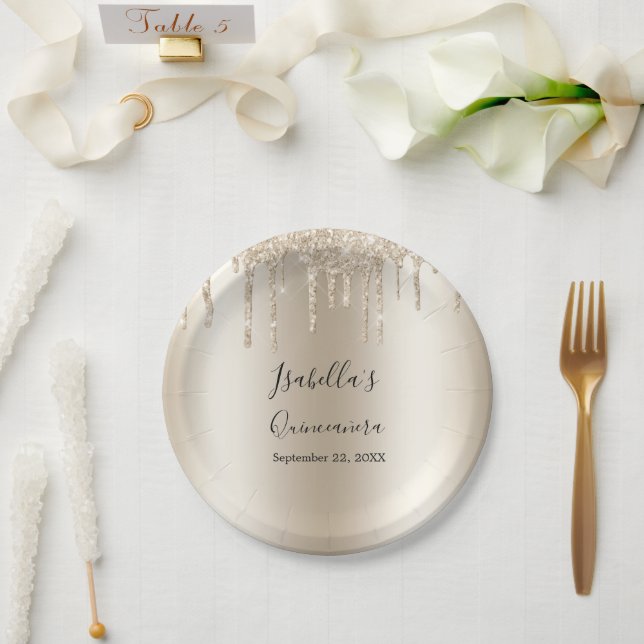 Champagne Dripping Glitter Elegant Quinceanera Paper Plate (Wedding)