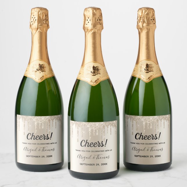 Champagne Dripping Glitter Wedding Glam  Sparkling Wine Label (Bottles)