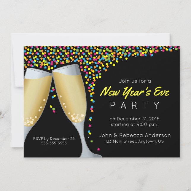 Champagne et invitation Confetti du Nouvel An (Devant)