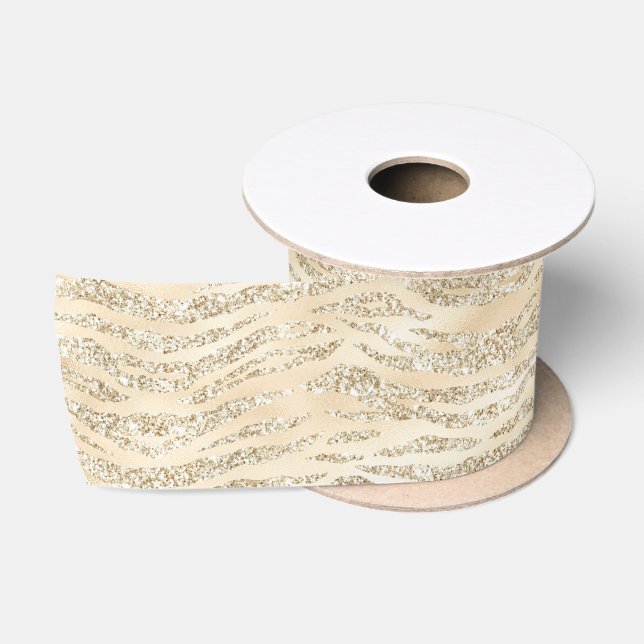 Champagne Faux Glitter Zebra Stripes Satin Ribbon (Spool)
