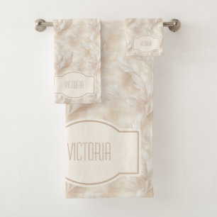 Champagne Feathers Delicate Tan Monogrammed Bath Towel Set