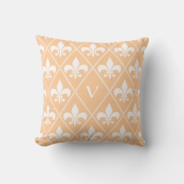 Champagne Fleur de Lis with monogram initial Throw Pillow (Front)