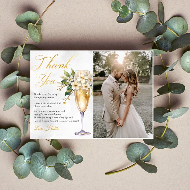 Champagne Floral Bridal Shower Photo Thank You Card (Creator Uploaded)