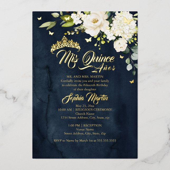Champagne Floral Navy Gold Mis Quince Quinceanera (Front)