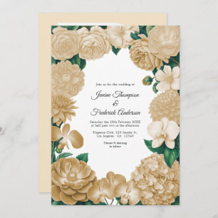 Champagne Floral Photo and QR Code Wedding Invitation