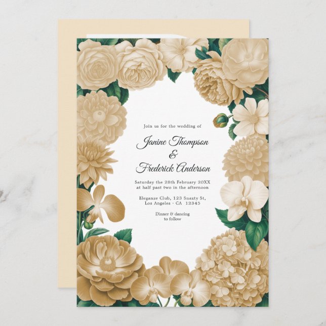 Champagne Floral Photo and QR Code Wedding Invitation (Front/Back)