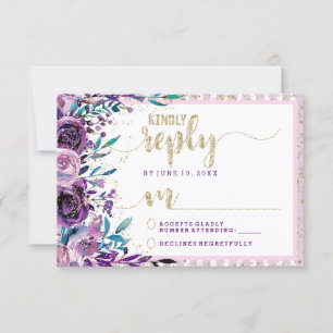 Champagne Floral Violet Mariage d'or Réponse RSVP