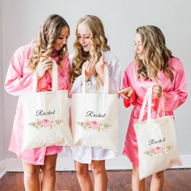Champagne Floral Wedding Bridesmaid Name  Tote Bag (Creator Uploaded)