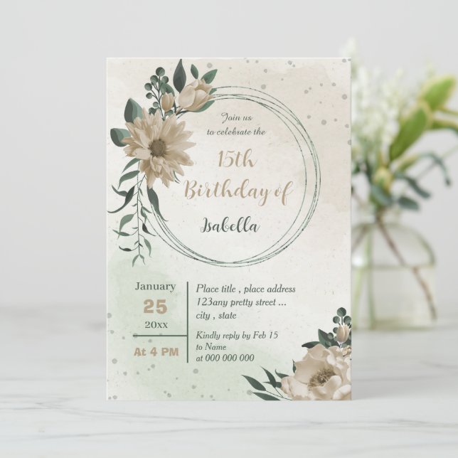 champagne flowers greenery birthday invitation (Standing Front)