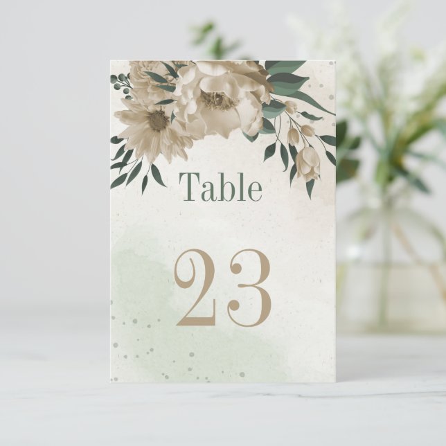 champagne flowers greenery botanical table number (Standing Front)