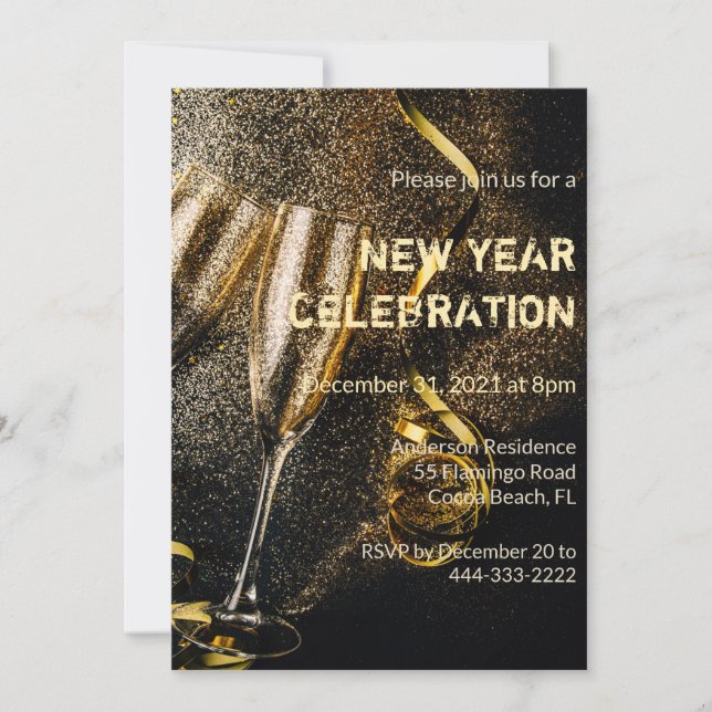 Champagne Flutes Nouvel An Célébration Invitation (Devant)
