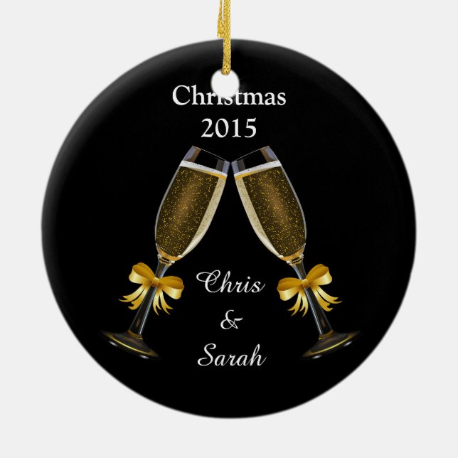 Champagne Flutes on Black Ceramic Ornament (Back)