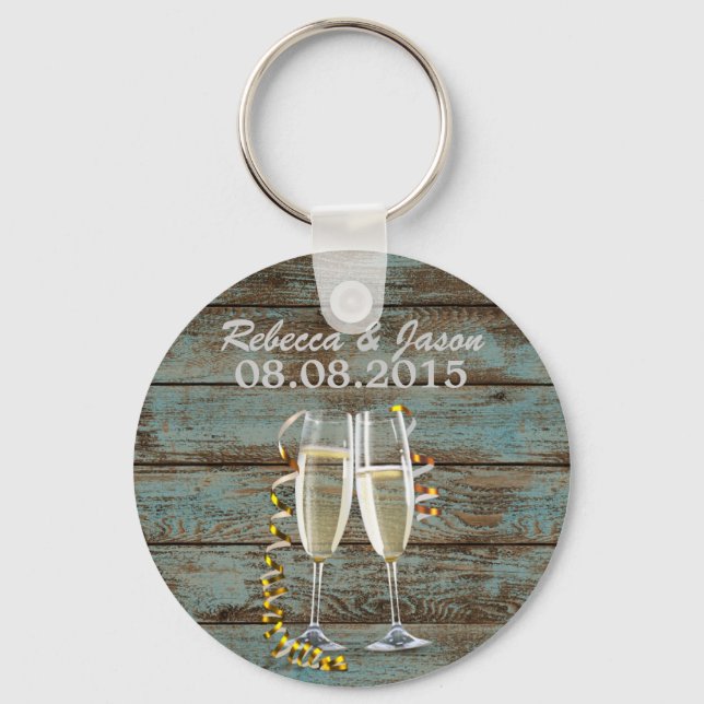 champagne flutes rustic blue barn wedding keychain (Front)