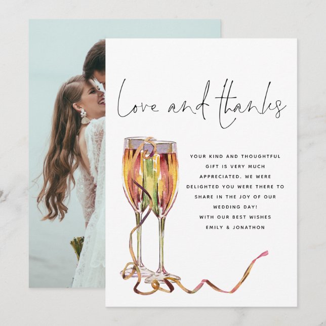 Champagne Flutes Script Photo Wedding Thank You Card (Front/Back)