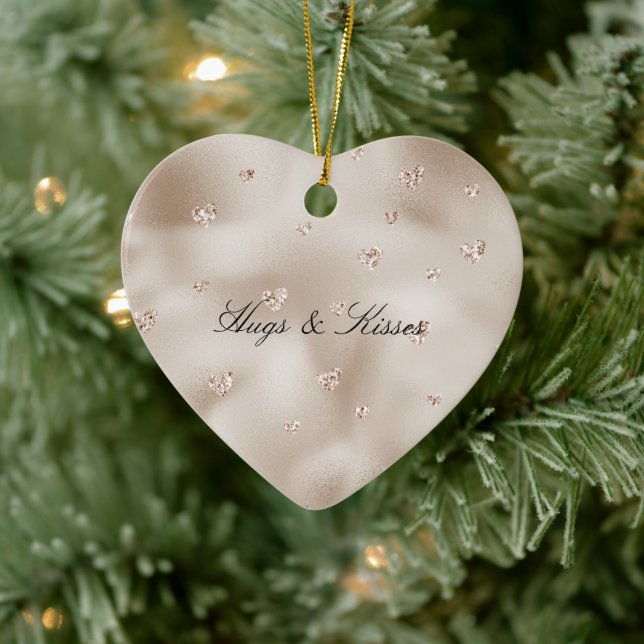 Champagne Glam Blush Glitter Hearts   Ceramic Ornament (Tree)