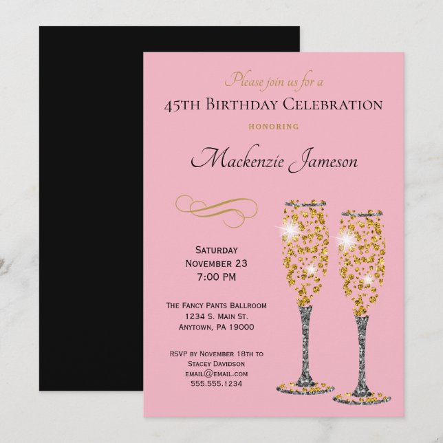 Champagne Glam Invitation Anniversaire Pink Gold B (Devant / Derrière)