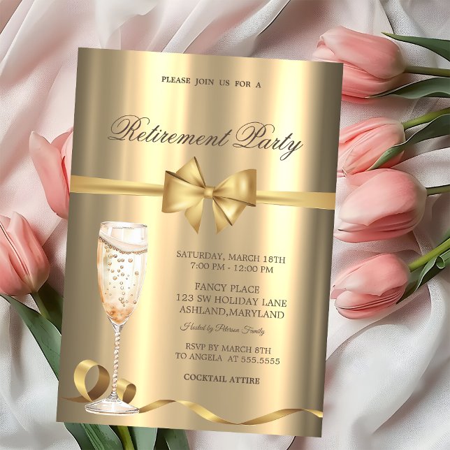 Champagne Glass Bow Gold Retirement Party Invitation (Creator Uploaded)