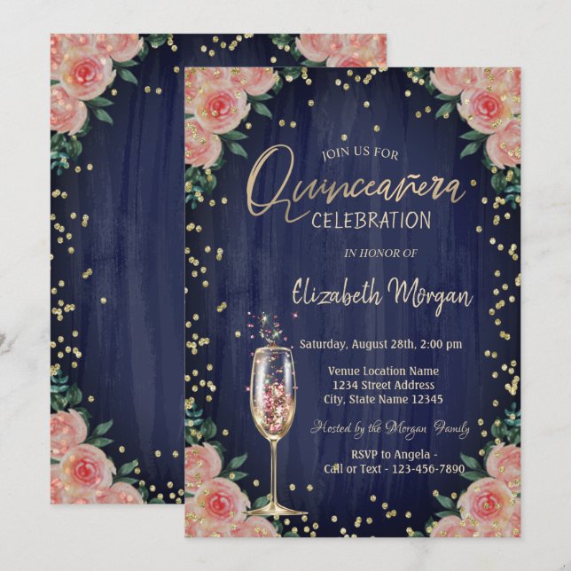 Champagne Glass Diamonds Flowers Quinceañera  Invitation (Front/Back)